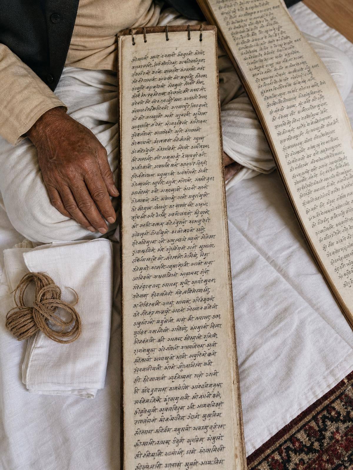 A traditional handwritten family register (bahi) opened on a pandit's lap, showing rows of Devanagari script
